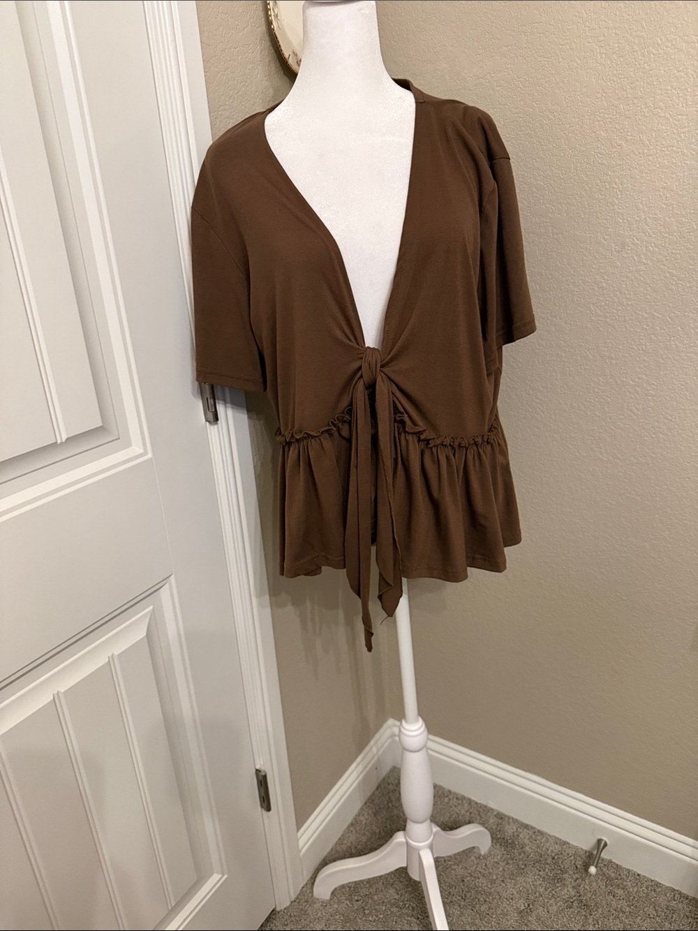 Brown Tie-Front Peplum Short Sleeve Top